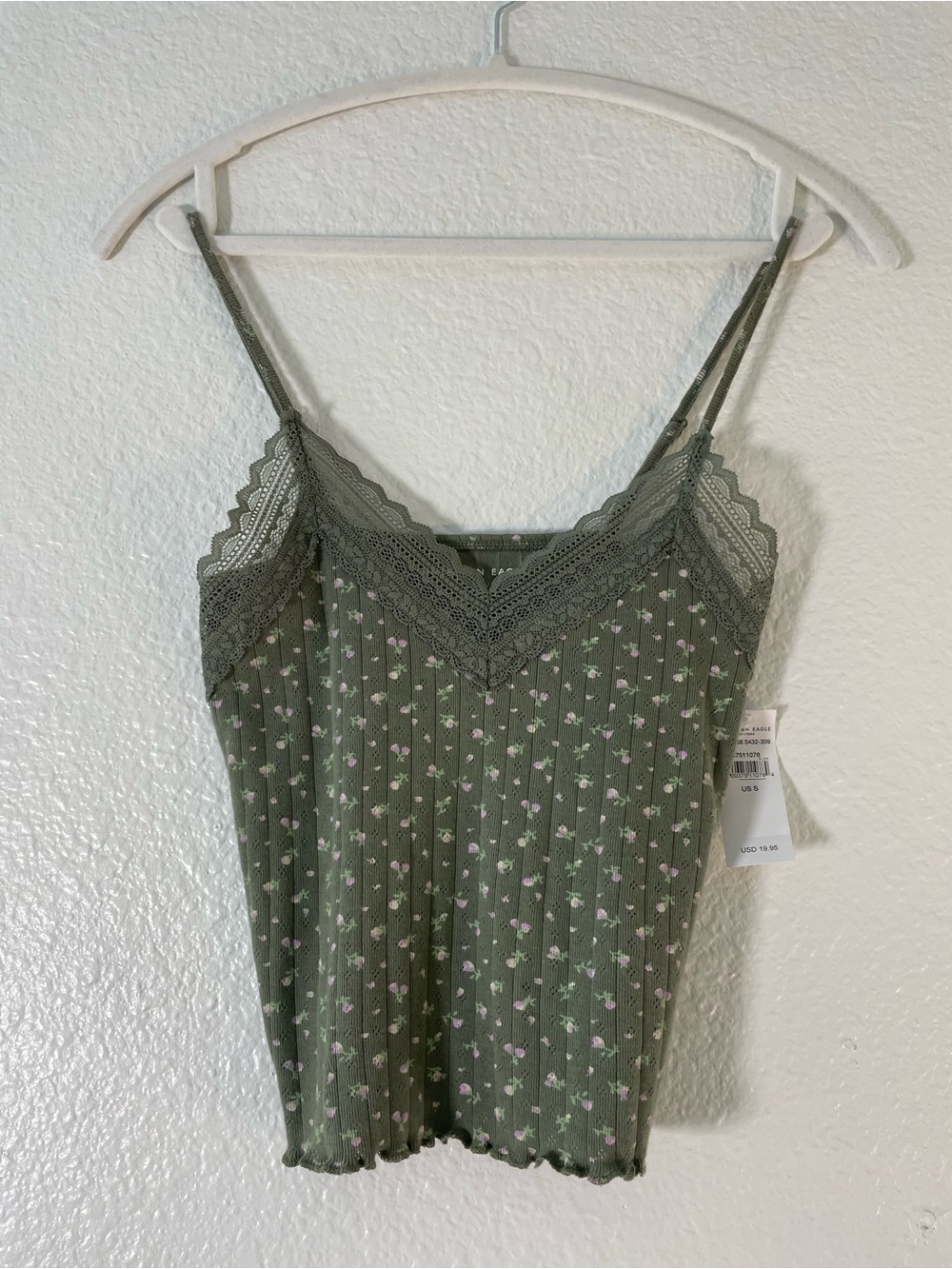 American Eagle Green Floral Lace-Trim Tank
